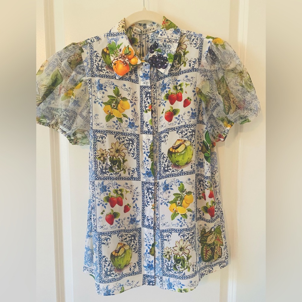 Alice + Olivia Willa Fruit Market Silk Blouse XS NWT